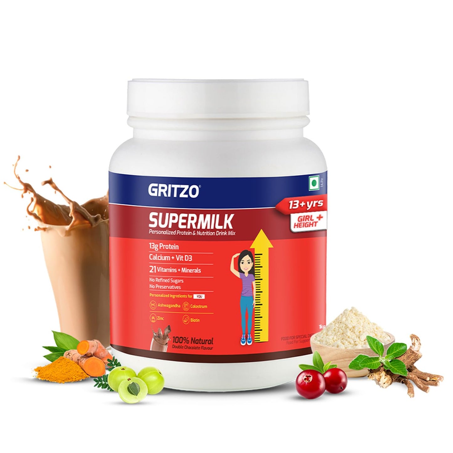 Gritzo Supermilk Height+ Health Drink For 13+Y Girls - Double Chocolate