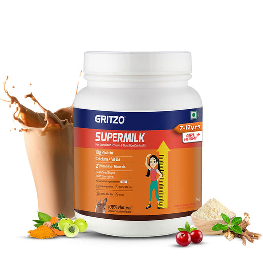 Gritzo SuperMilk Height+ Health Drink for 7-12y Girls - Double Chocolate Flavor