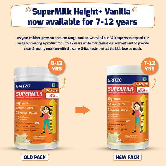 Gritzo SuperMilk Height+ (7-12y Girls), 10g Protein (Creamy Vanilla) - Distacart