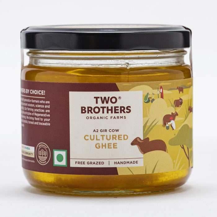 Two Brothers Organic Farms A2 Gir Cow Cultured Ghee | Cultured Cow Desi Ghee | Curd-Churned Bilona Ghee | Pure, Natural, and Healthy