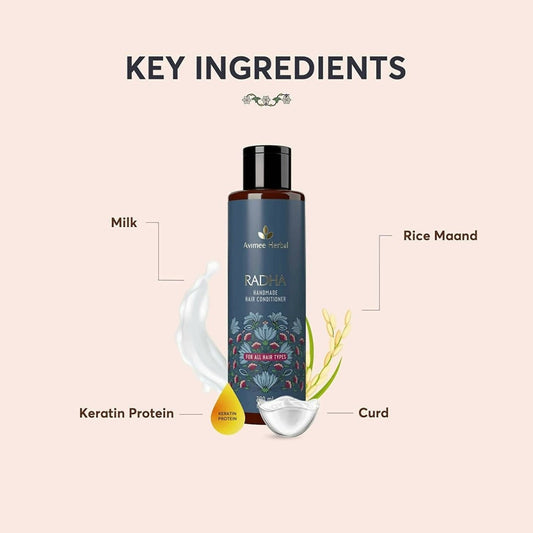 Avimee Herbal Radha Hair Conditioner For All Hair Type With Keratin Protein, Rice Protein, Apple Cider Vinegar & Aloe Vera, Makes Hair Silky Smooth