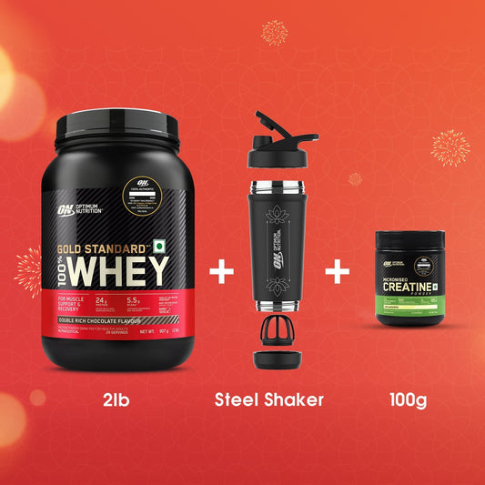 Optimum Nutrition Muscle Gain Gift Box: Gold Standard 100% Whey (Double Rich Chocolate) 907gm + Creatine 100gm + Steel Shaker