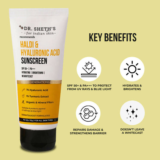 Dr. Sheth's Haldi & Hyaluronic Acid Sunscreen SPF 50+ PA+++ For Hydrating & Brightening Skin, Protects against UVA/UVB & Blue light