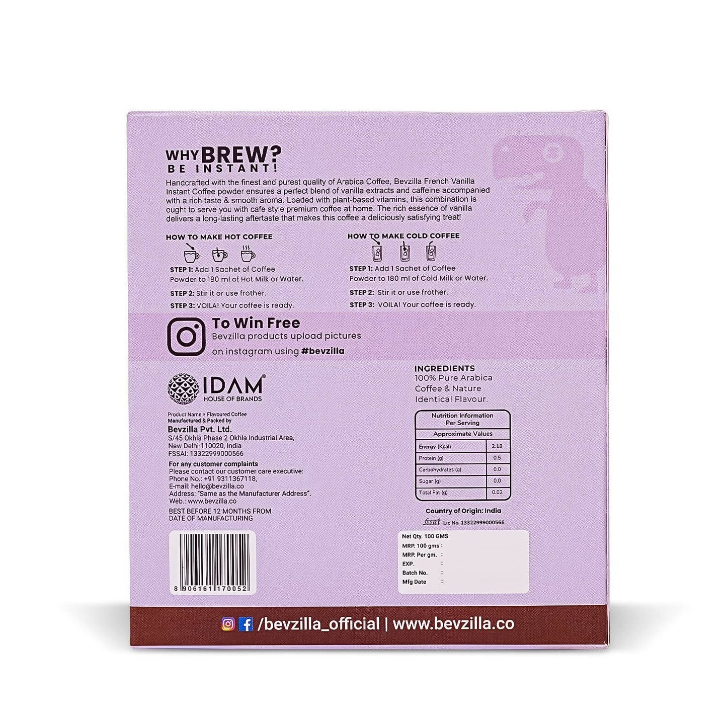 Bevzilla Instant Coffee Powder Sachets (French Vanilla) - Distacart