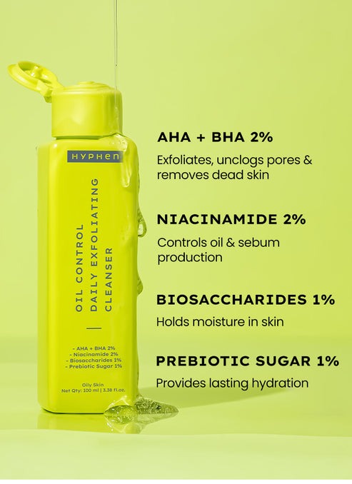 Hyphen By Kriti Sanon Oil Control Daily Cleanser, 2% AHA + BHA Salicylic Acid Face Wash, Deep Cleanses & Removes Dirt, For Men & Women