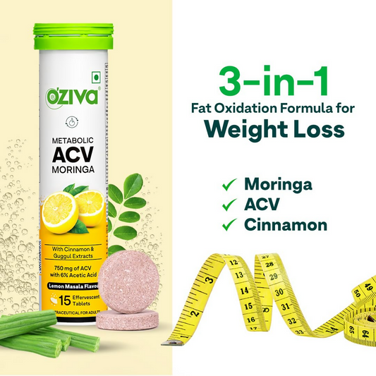 OZiva Metabolic ACV Moringa Effervescent Tablets for Control Cravings - Lemon Masala Flavor