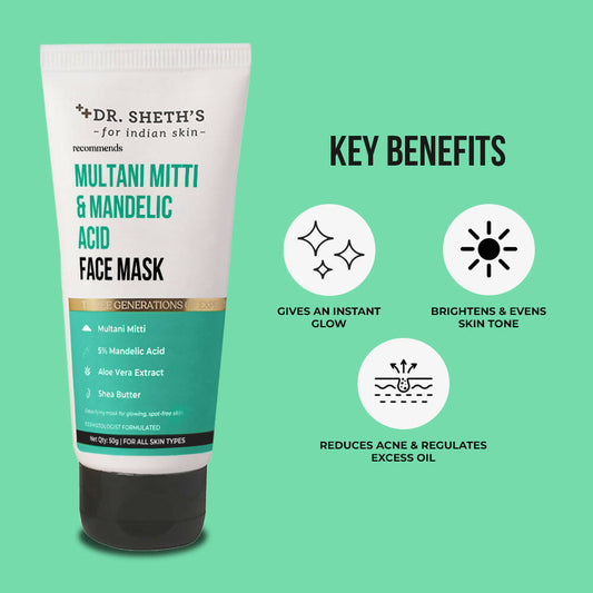 Dr. Sheth's Multani Mitti & Mandelic Acid Face Mask For Glowing Skin, Oil Control, Tan Removal & Skin Brightening