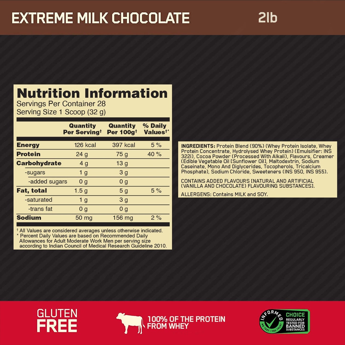 Optimum Nutrition Gold Standard 100% Whey Protein Powder (Extreme Milk Chocolate)-907 gm