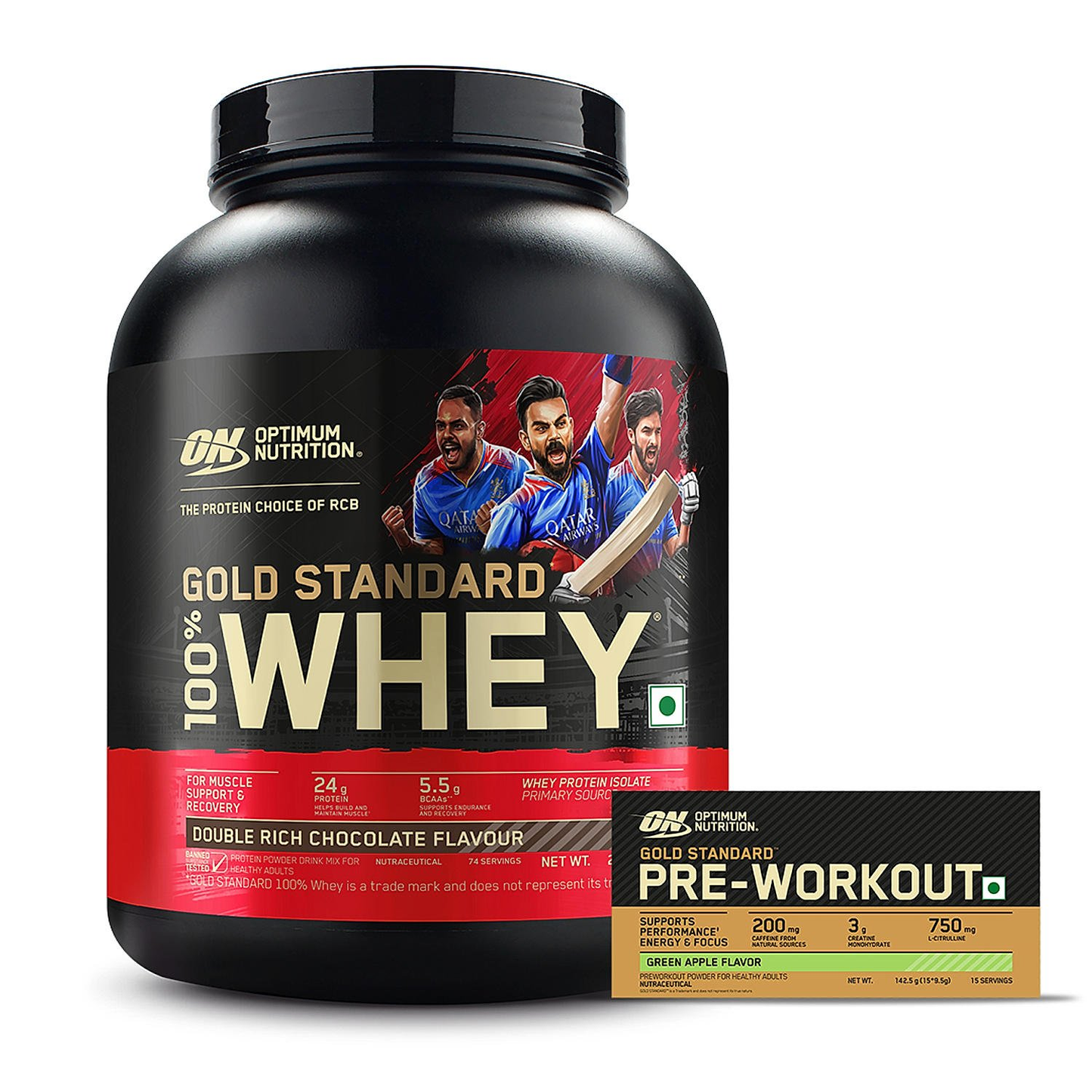 Optimum Nutrition Gold Standard 100% Whey (Double Rich Chocolate) 2.27kg & Pre Workout (Green Apple) 142.5gm