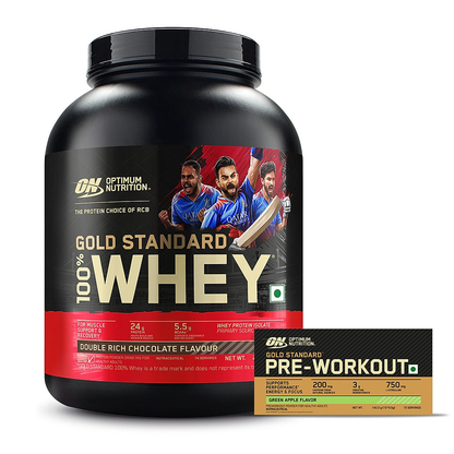 Optimum Nutrition Gold Standard 100% Whey (Double Rich Chocolate) 2.27kg & Pre Workout (Green Apple) 142.5gm