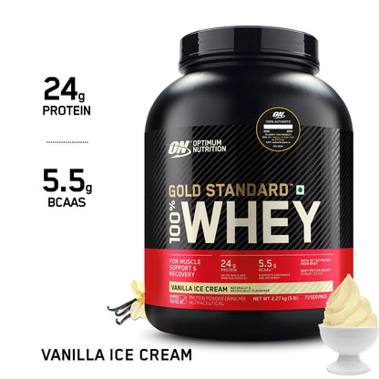 Optimum Nutrition Gold Standard 100% Whey Protein Powder (Vanilla Ice Cream) 2.27kg & Micronised Creatine Powder (Unflavoured) 250gm