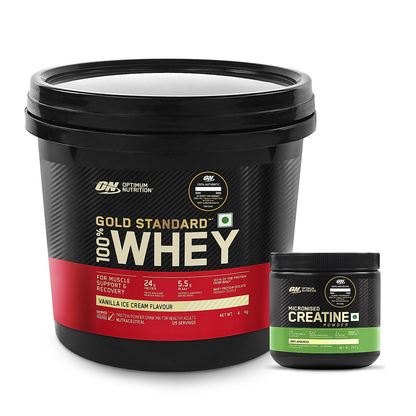 Optimum Nutrition Gold Standard 100% Whey Protein Powder (Vanilla Ice Cream) 4kg & Micronized Creatine Powder Unflavoured 250gm