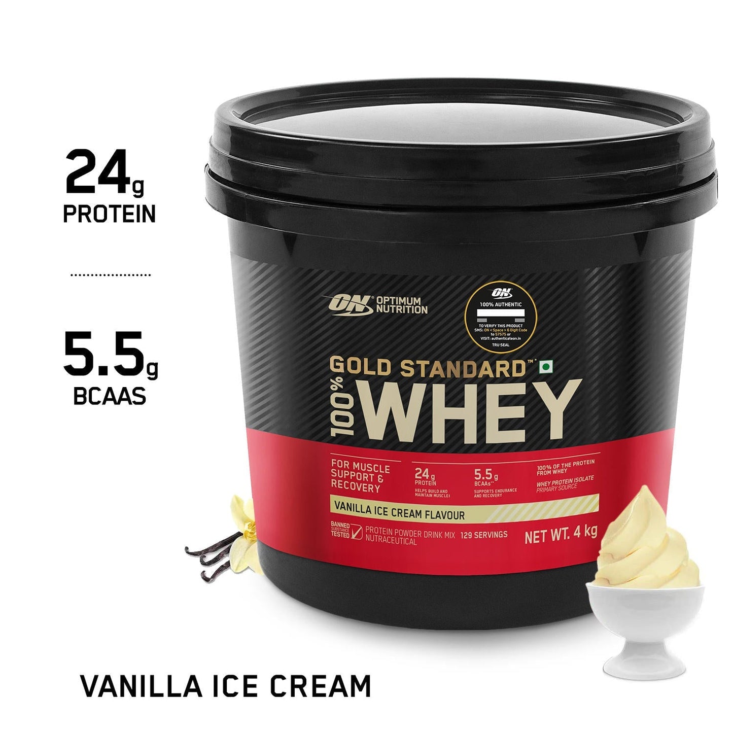 Optimum Nutrition Gold Standard 100% Whey Protein Powder (Vanilla Ice Cream) 4kg & Micronized Creatine Powder Unflavoured 250gm