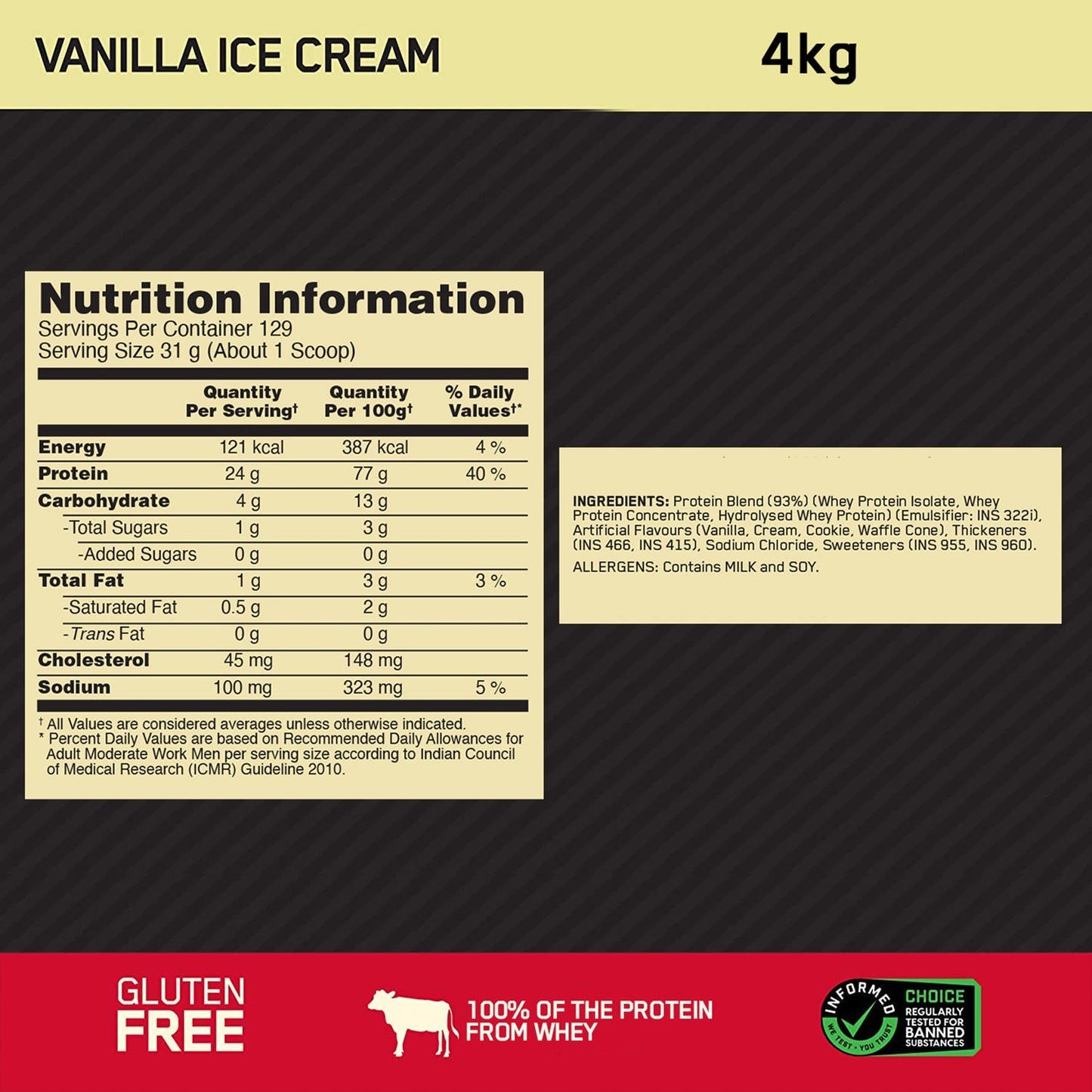 Optimum Nutrition Gold Standard 100% Whey Protein Powder (Vanilla Ice Cream) 4kg & Micronized Creatine Powder (Unflavoured) 100gm