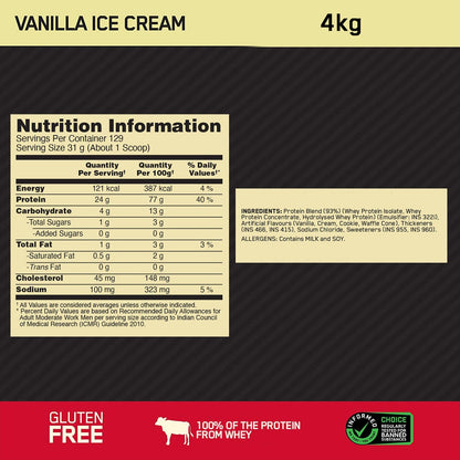 Optimum Nutrition Gold Standard 100% Whey Protein Powder (Vanilla Ice Cream) 4kg & Micronized Creatine Powder (Unflavoured) 100gm