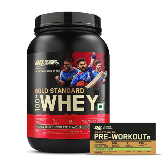 Optimum Nutrition (ON) Gold Standard Pre-Workout- 142.5g/15 packs (Green Apple Flavor) & Gold Standard 100% Whey Protein Powder (Double Rich Chocolate) 907gm
