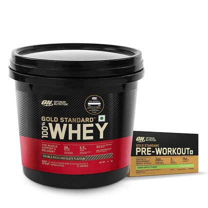 Optimum Nutrition Gold Standard 100% Whey (Double Rich Chocolate) 4kg & Pre Workout (Green Apple) 142.5gm