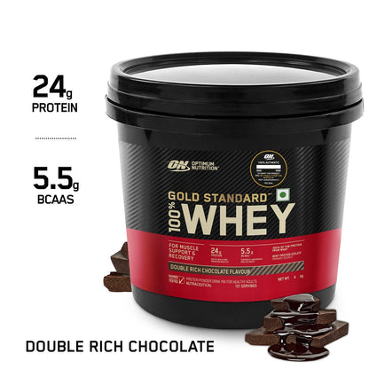 Optimum Nutrition Gold Standard 100% Whey (Double Rich Chocolate) 4kg & Pre Workout (Green Apple) 142.5gm