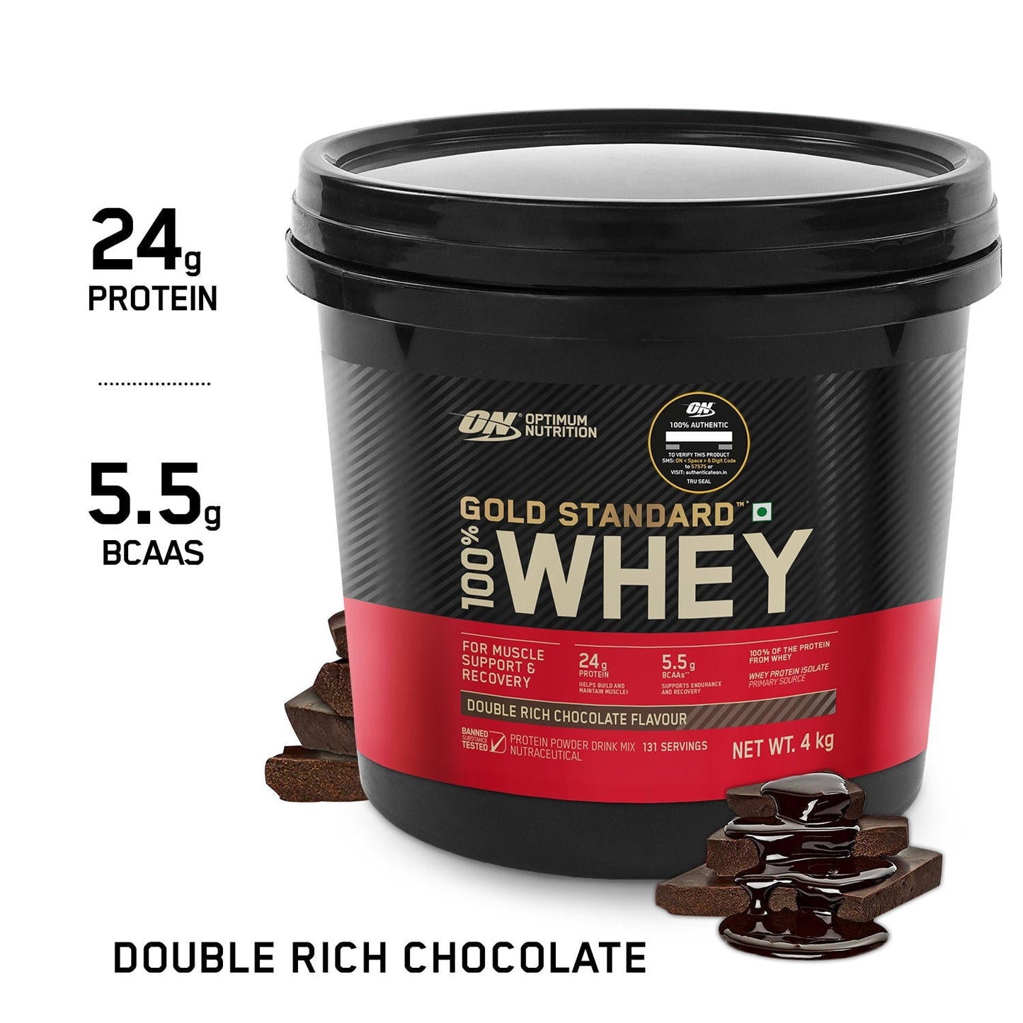 Optimum Nutrition Gold Standard 100% Whey Protein Powder (Double Rich Chocolate) 4kg & Micronised Creatine Powder (Unflavoured) 250gm