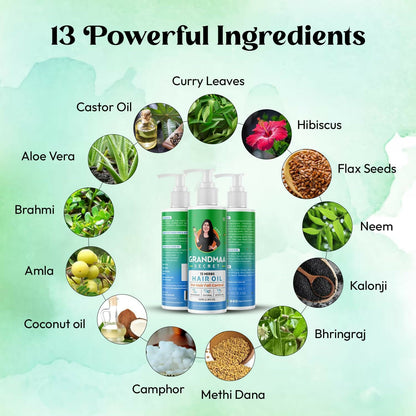 Nidhi's Grandmaa Secret 13 Herbs Hair Oil Handmade Natural Hair Oil With Coconut Oil, Curry Leaves & More Hair Fall Control Oil For Dry Damaged Hair
