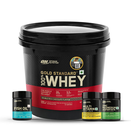 Optimum Nutrition Gold Standard 100% Whey Protein Powder (Double Rich Chocolate) 4 kg + Multivitamin for Men-60 Tablets + (ZMA)-60 Capsules + Fish Oil-60 Capsules