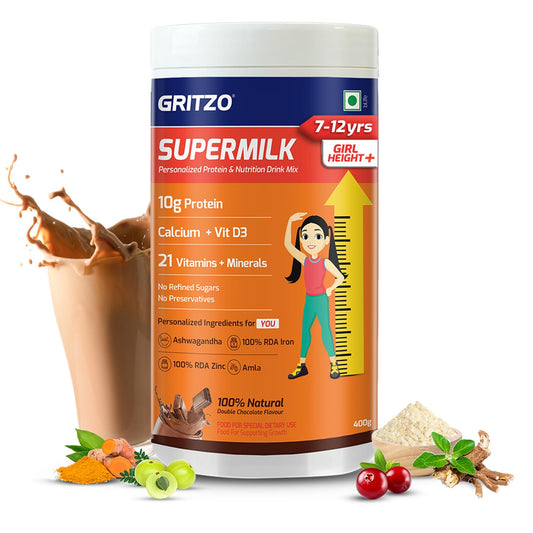 Gritzo SuperMilk Height+ Health Drink for 7-12y Girls - Double Chocolate Flavor