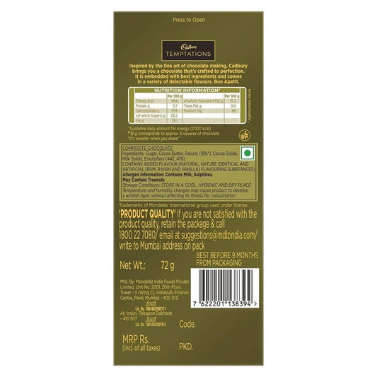 Cadbury Temptation Rum and Raisin Chocolate, 72 g