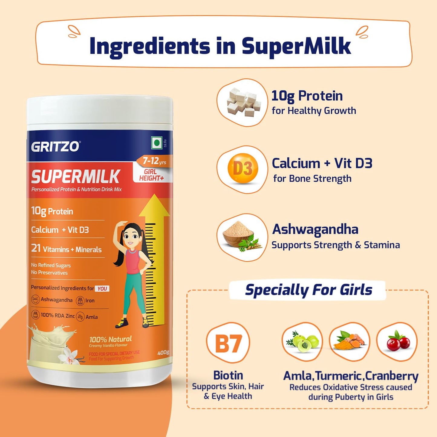 Gritzo SuperMilk Height+ (7-12y Girls), 10g Protein (Creamy Vanilla) - Distacart