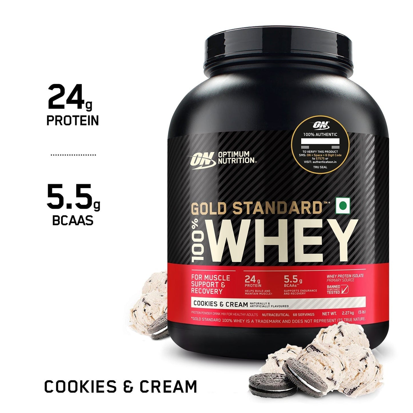 Optimum Nutrition Gold Standard 100% Whey Protein Powder (Cookies & Cream)-2.27 kg