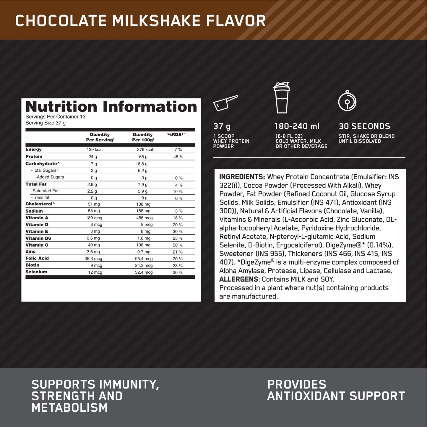 Optimum Nutrition Performance Whey Protein Powder (Chocolate Milkshake)-500 gm