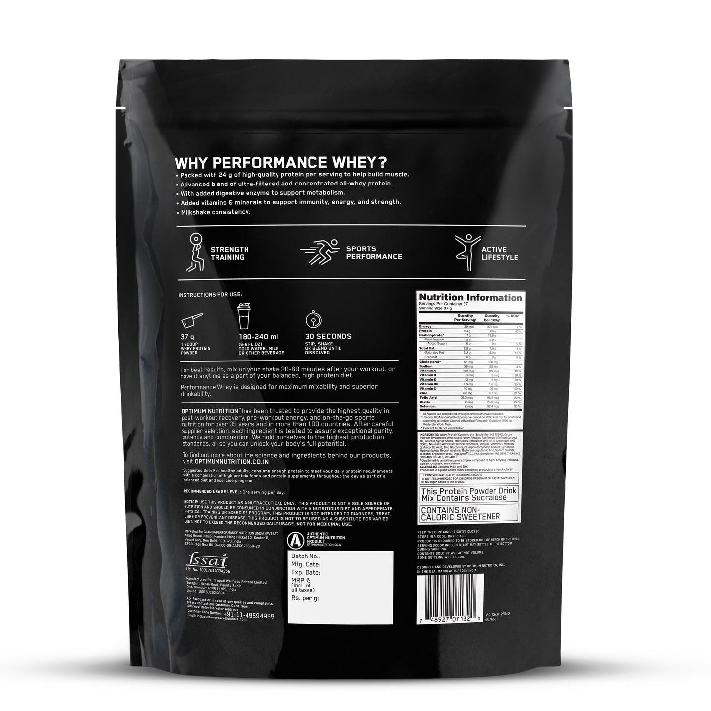 Optimum Nutrition Performance Whey Protein Powder (Chocolate Milkshake) 1kg & Multivitamin 60 Tablets for Men