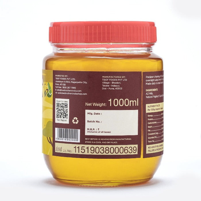 Two Brothers Organic Farms A2 Gir Cow Cultured Ghee | Cultured Cow Desi Ghee | Curd-Churned Bilona Ghee | Pure, Natural, and Healthy