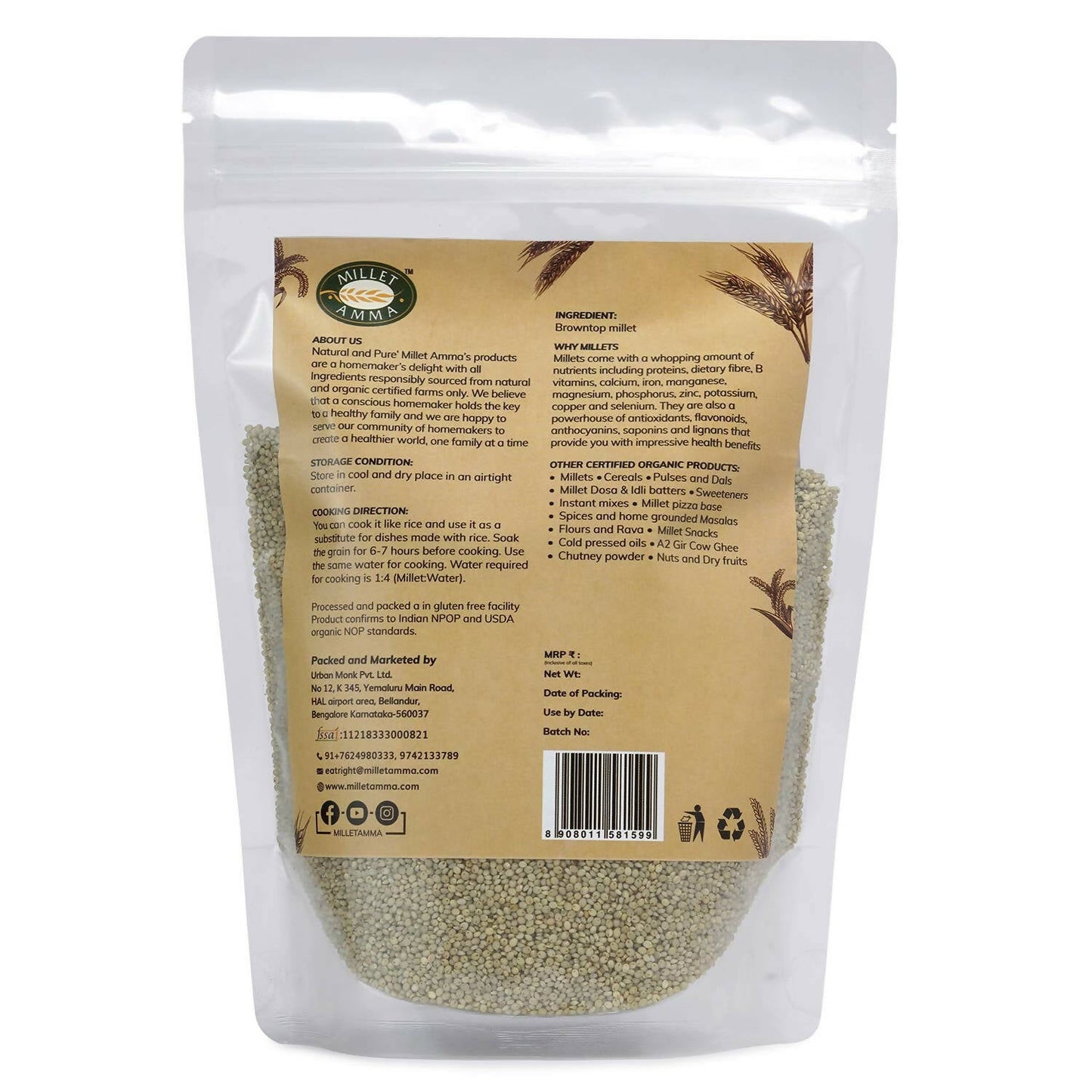 Millet Amma Organic Browntop Millet Grains - Distacart