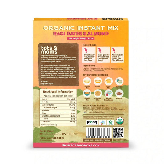 Tots and Moms Organic Ragi Dates & Almonds Instant Mix - Distacart