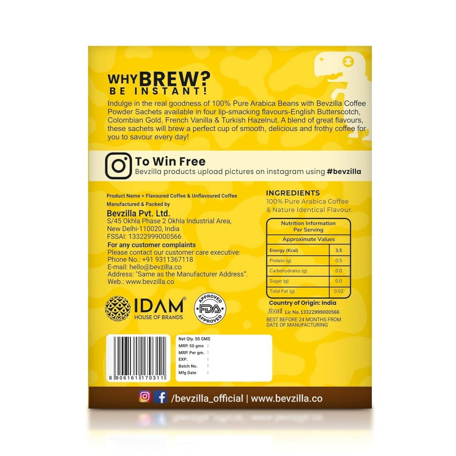 Bevzilla Instant Coffee Powder Sachets 100 % Arabica Coffee - Distacart