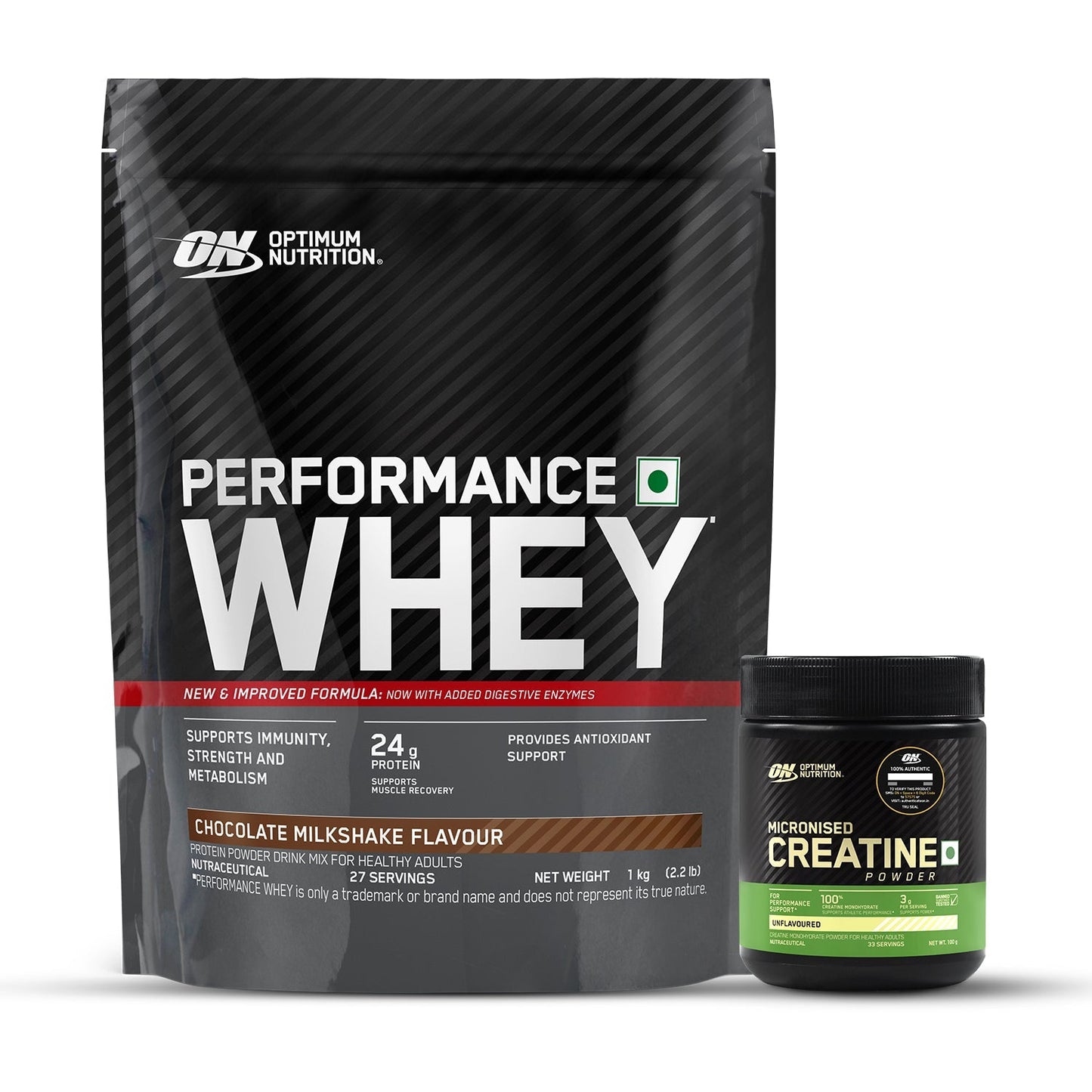 Optimum Nutrition Performance Whey Protein (Chocolate) 1kg & Micronized Creatine Powder (Unflavoured) 100gm