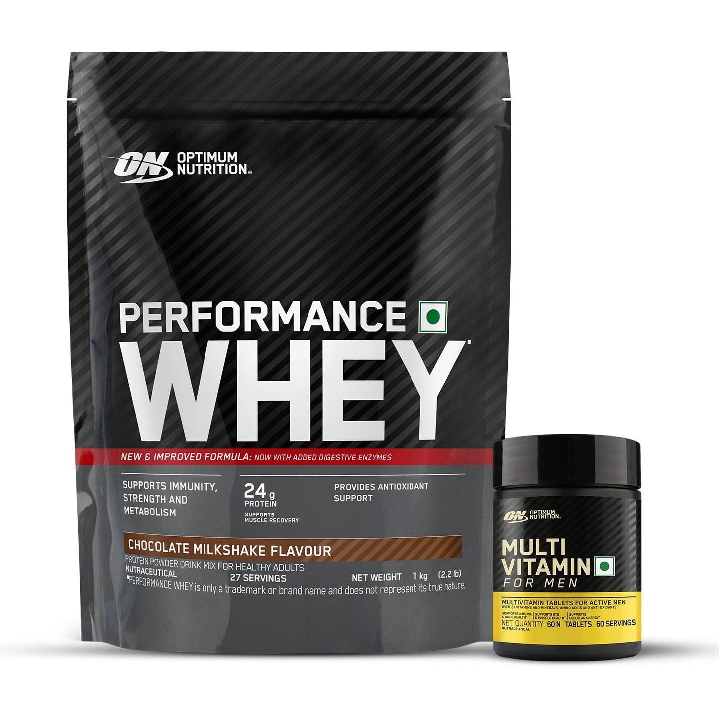Optimum Nutrition Performance Whey Protein Powder (Chocolate Milkshake) 1kg & Multivitamin 60 Tablets for Men