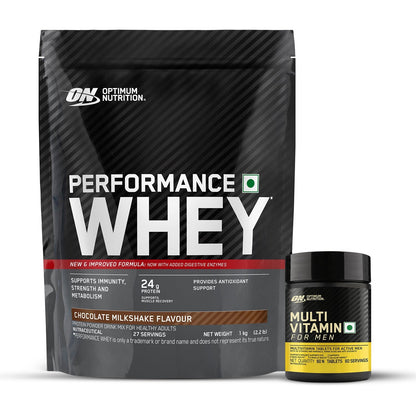 Optimum Nutrition Performance Whey Protein Powder (Chocolate Milkshake) 1kg & Multivitamin 60 Tablets for Men