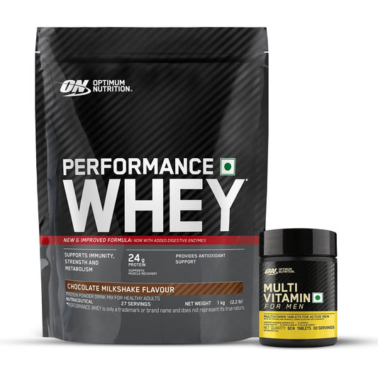Optimum Nutrition Performance Whey Protein Powder (Chocolate Milkshake) 1kg & Multivitamin 60 Tablets for Men