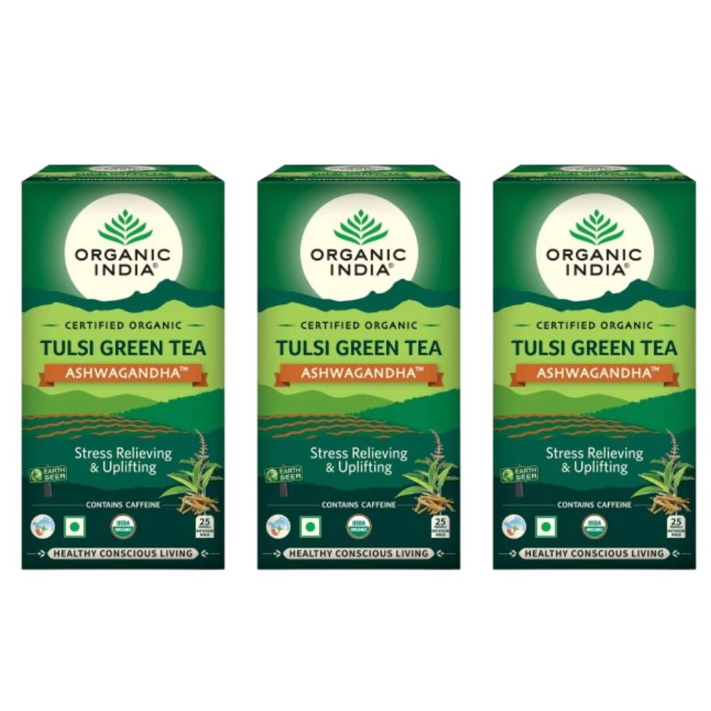 Organic India Tulsi Green Tea Ashwagandha - Herbal Sleep Tea, Caffine Free - Distacart