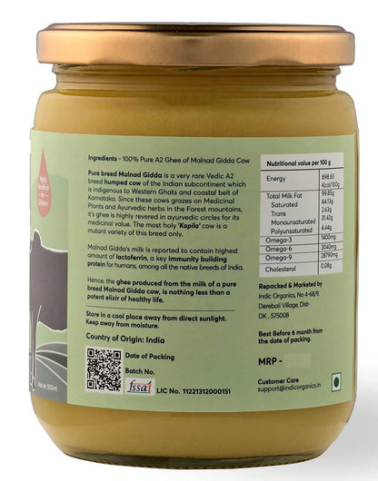 Indic Organics Forest Grazing Malnad Gidda Desi Cow's A2 Ghee | Pure Desi Cow Ghee | Cultured Premium Ghee