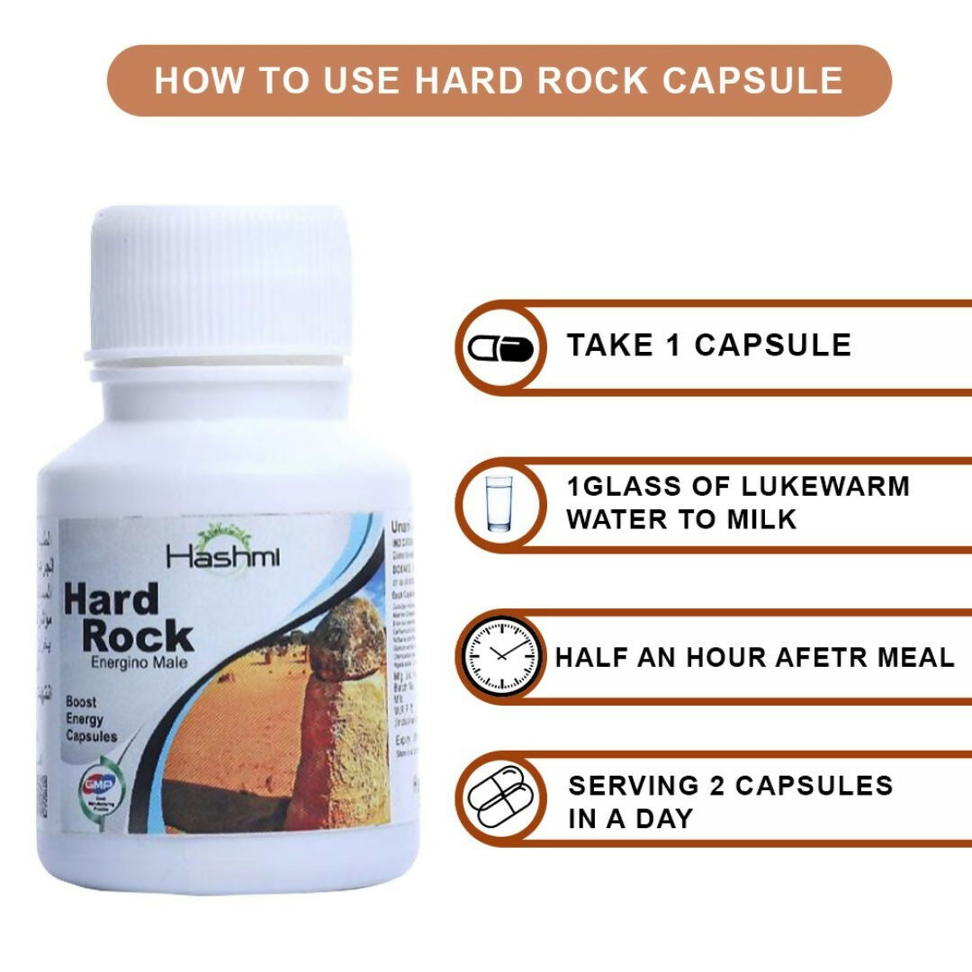 Hashmi Pharmacy Hard Rock Capsules are formulated with natural ingredients like Ashwagandha, Safed Musli, Gokshur, Gheekwar, and more.