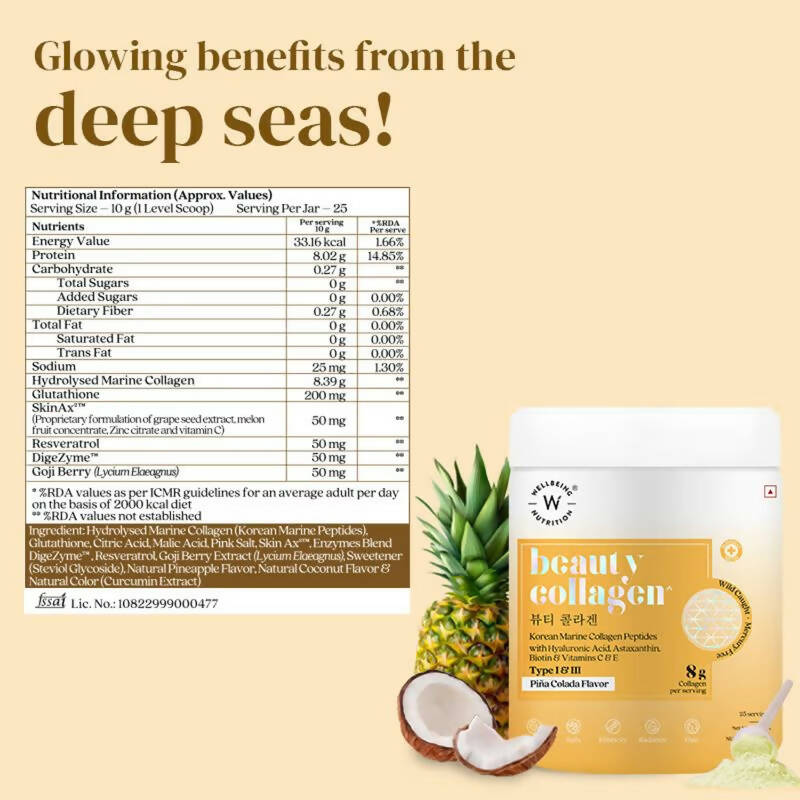 Wellbeing Nutrition Glow Korean Marine Collagen Peptides - Pina Colada Flavor - Distacart