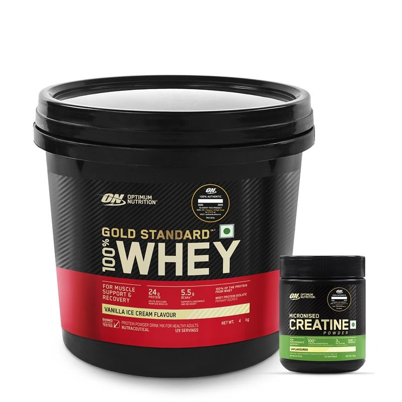 Optimum Nutrition Gold Standard 100% Whey Protein Powder (Vanilla Ice Cream) 4kg & Micronized Creatine Powder (Unflavoured) 100gm