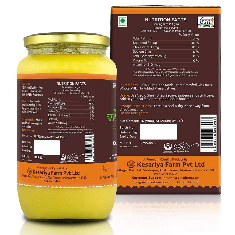 Vedic Ghee Premium A2 Gir Cow Cultured Ghee from Kesariya Farm Indian Gir Cow Ghee, Pure A2 Ghee, Natural & Healthy