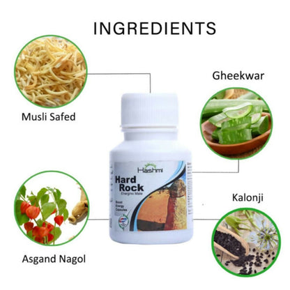 Hashmi Pharmacy Hard Rock Capsules are formulated with natural ingredients like Ashwagandha, Safed Musli, Gokshur, Gheekwar, and more.